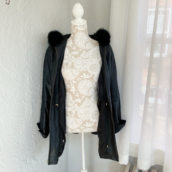 ✨ Ellen Tracy Genuine Leather Coat w/ Real Fox Fur Hood Women’s Large PRISTINE ✨ - Picture 12 of 13